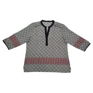 Anthea Femme women's tunic, black and white geometric print, red details size L